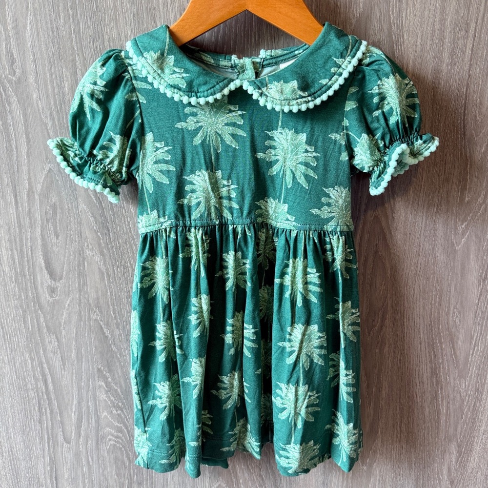 Kate Quinn Palm Tree‎ Dress Baby 6-12M Green Bamboo Tropical Pom Pom Trim Summer